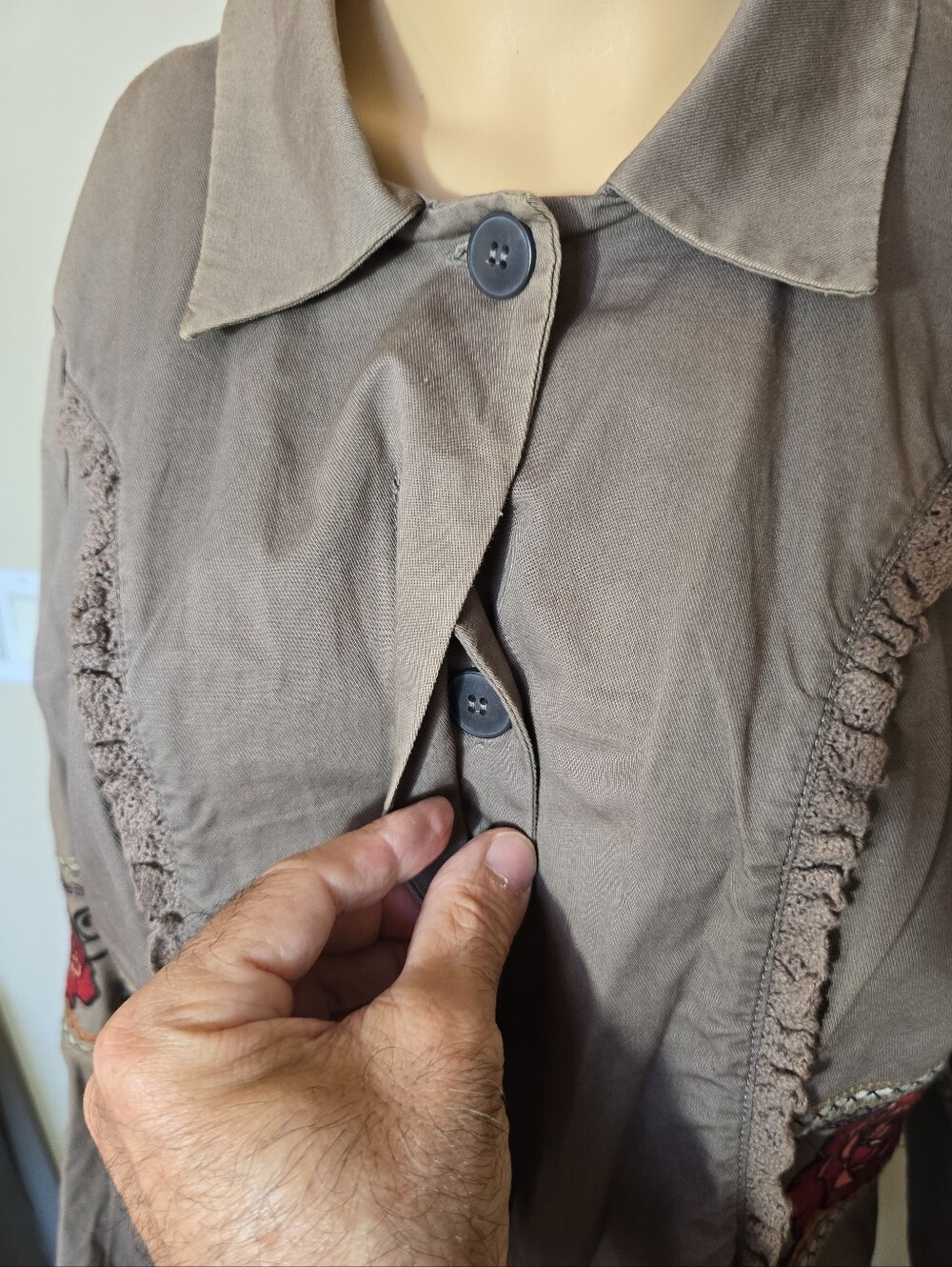 ODD MOLLY Taupe Embroidered Floral Long Coat No Size Tag See Measurements - Picture 3 of 11